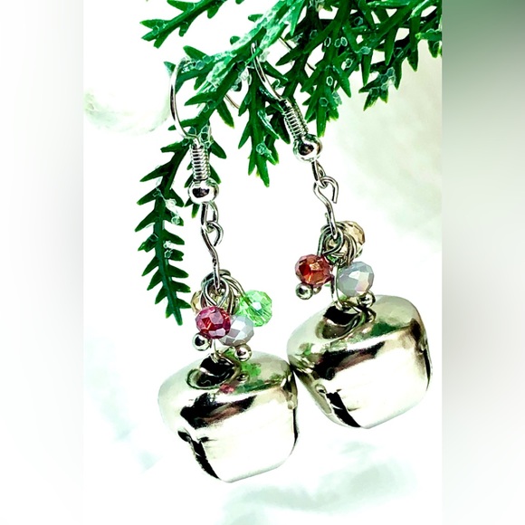 Christmas Silver Jingle Bell with Red Green Multicolor Crystal Dangle Earrings - Picture 2 of 4